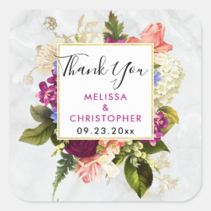 Modern Pink & White Florals Wedding Thank You Square Sticker