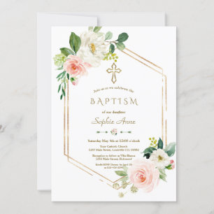 Modern Pink White Flowers Bloom Gold Cross Baptism Invitation