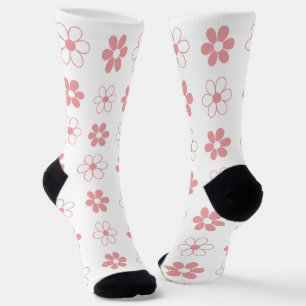 Modern Pink & White Flowers on White Socks