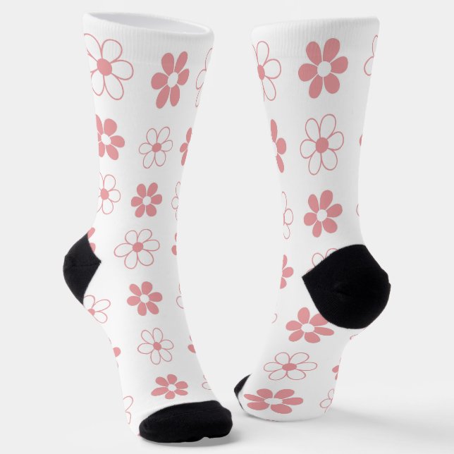 Modern Pink & White Flowers on White Socks (Angled)