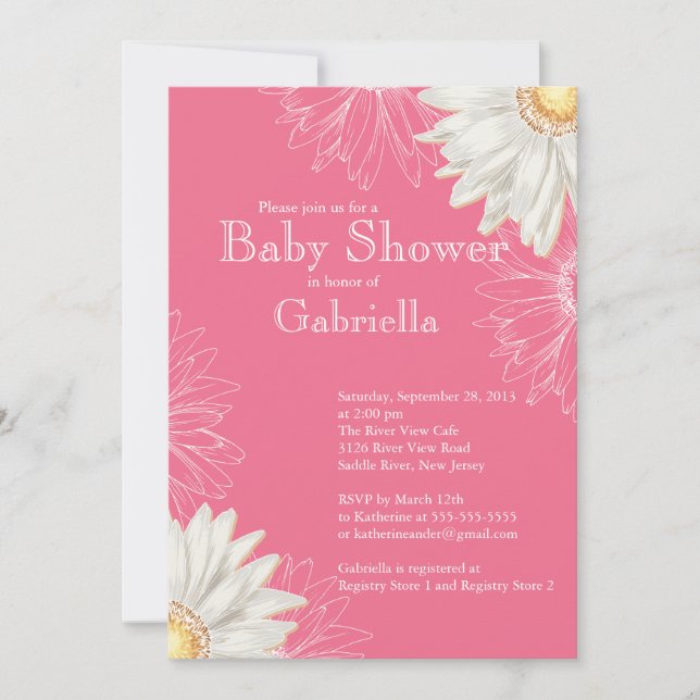 Modern Pink & White Gerbera Daisy Baby Shower Invitation (Front)