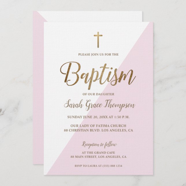 Modern Pink White Gold cross Baby Girl Baptism Invitation (Front/Back)