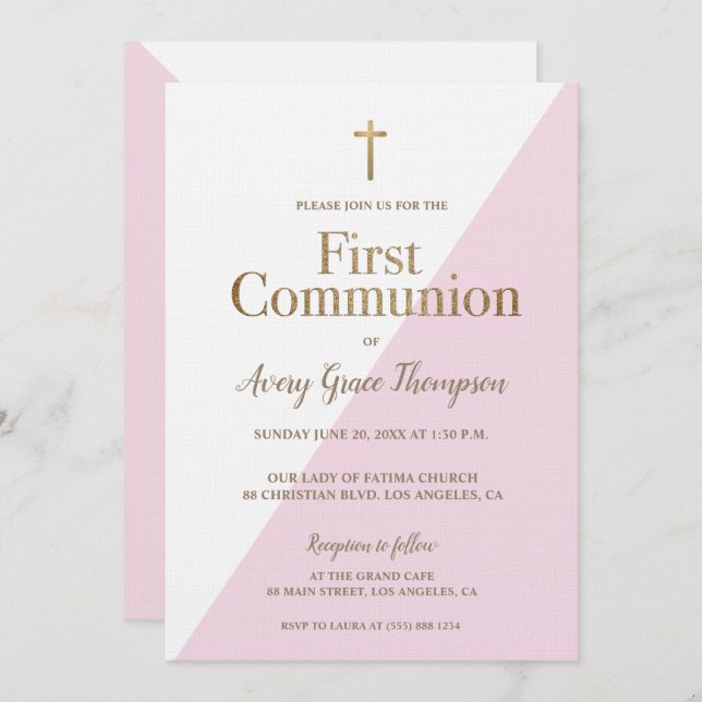 Modern Pink White Gold first communion girl Invitation (Front/Back)