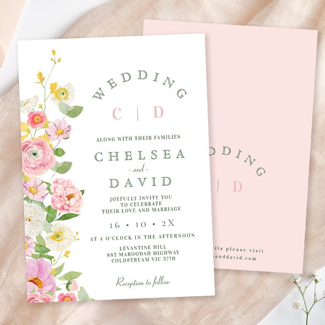 Modern Pink White Monogram Floral Wedding Invitation (Modern Floral Wedding Invitation Template, Pink Floral Wedding Invitation, Spring Pastel Floral )