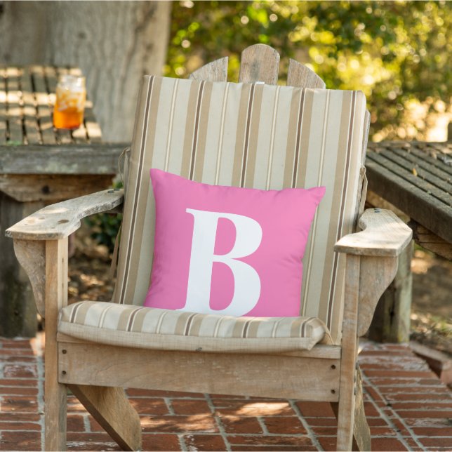 Modern Pink White Monogram Initial Patio Outdoor Cushion (Chair)