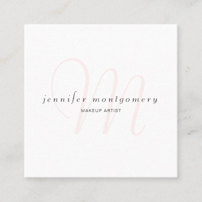 Modern Pink White Monogrammed Watercolor Square Business Card (Front)