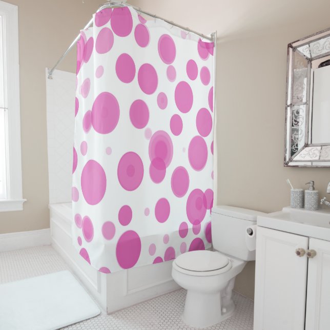 Modern Pink & White Polka Dot Bubbles Party Shower Curtain (In Situ)