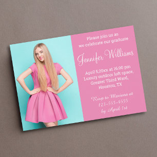 modern pink white script stylish photo Graduation Invitation