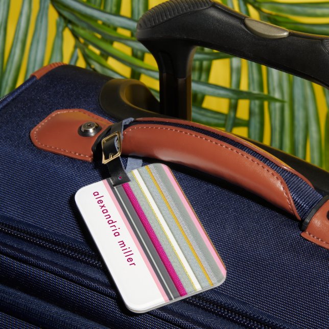 Modern Pink White Stripe Monogram Luggage Tag (Front Insitu 1)