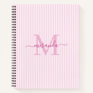 Modern Pink & White Stripes Monogram Name Notebook