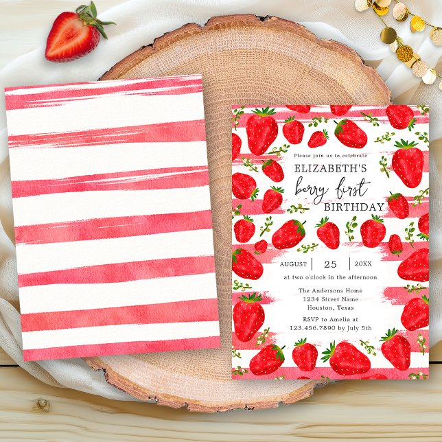 Modern Pink White Stripes Strawberry 1st Birthday Invitation (Creator Uploaded)
