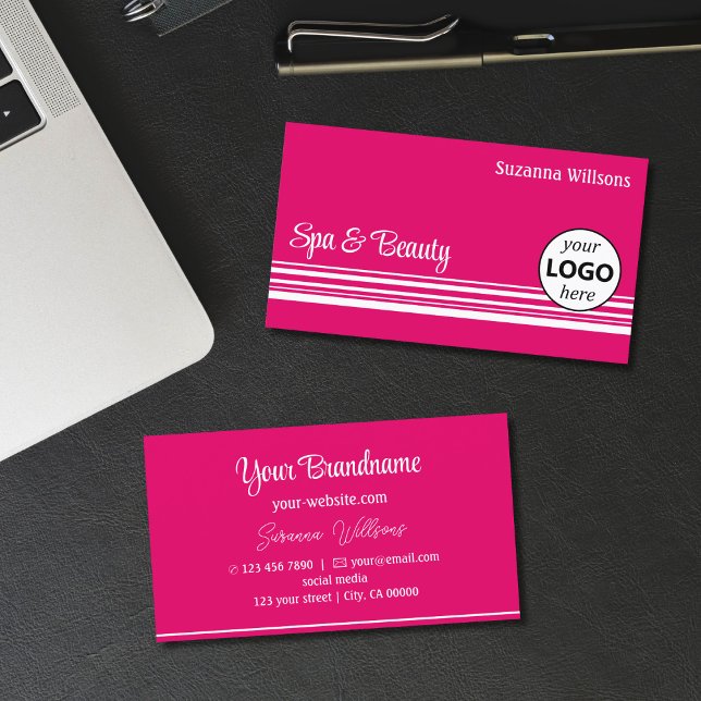 Modern Pink White Stripes with Logo Professional Business Card (Creator Uploaded)