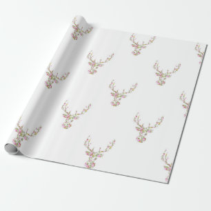 Modern Pink White Vintage  Floral Deer Head Wrapping Paper