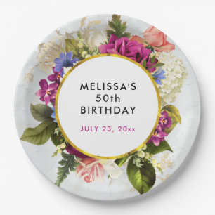Modern Pink & White Watercolor Floral Birthday Paper Plate