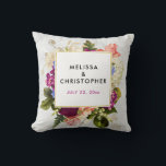 Modern Pink & White Watercolor Floral Bouquet Cushion<br><div class="desc">Commemorative wedding pillow with a pretty design. A floral arrangement of many different varieties of flowers in red,  pink and white colours,  and lots of leafy green foliage. A frame layered over top with a faux-gold-foil border. Classy and elegant design. An off-white marble pattern background.</div>