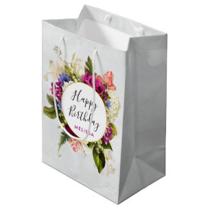 Modern Pink & White Watercolor Floral Bouquet Medium Gift Bag