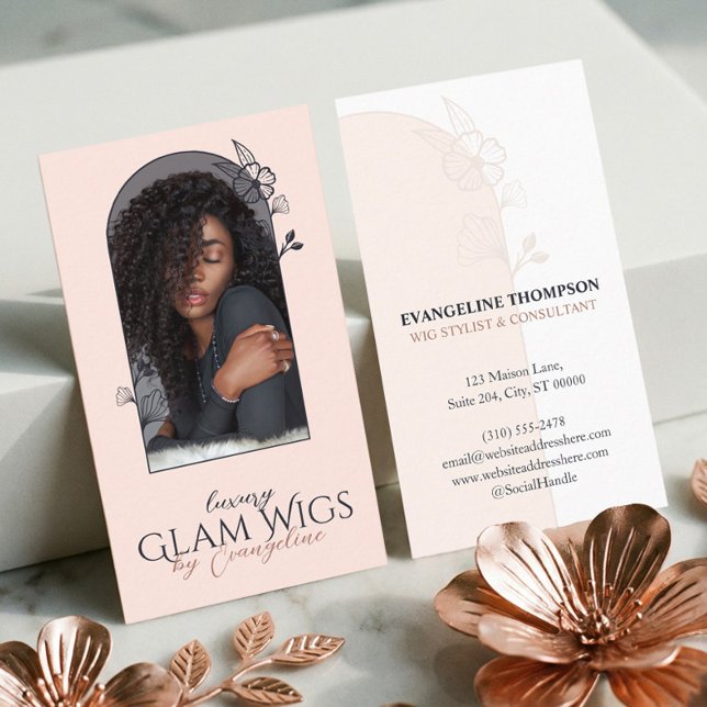 Modern Pink Wig Hair Salon Floral Rose Arch Photo Business Card (Modern Pink Wig Hair Salon Floral Rose Arch Photo Business Card)