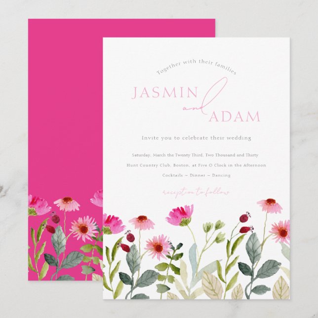 Modern Pink Wildflower Wedding Invitation (Front/Back)