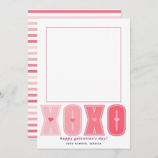 Modern pink XOXO hearts Galentines Day photo Holiday Card (Front/Back)