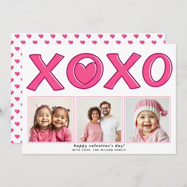 Modern pink XOXO Valentine's Day heart photo Holiday Card (Front/Back)