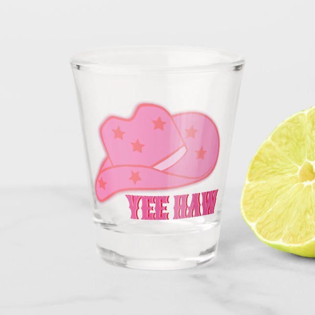 Modern Pink Yee Haw Cowgirl Cowboy Hat Rodeo Shot Glass (Front)