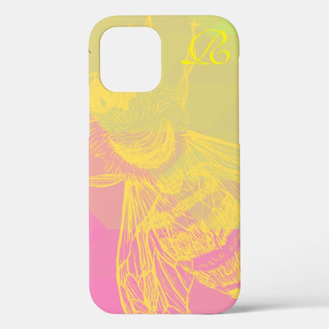 Modern Pink Yellow Bee and Monogram Case-Mate iPhone Case (Back)