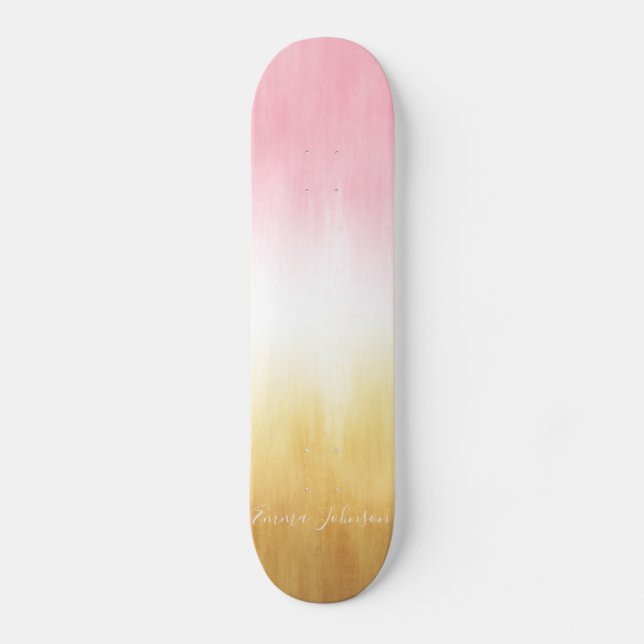 Modern Pink Yellow Brushstrokes Ombre Skateboard (Front)
