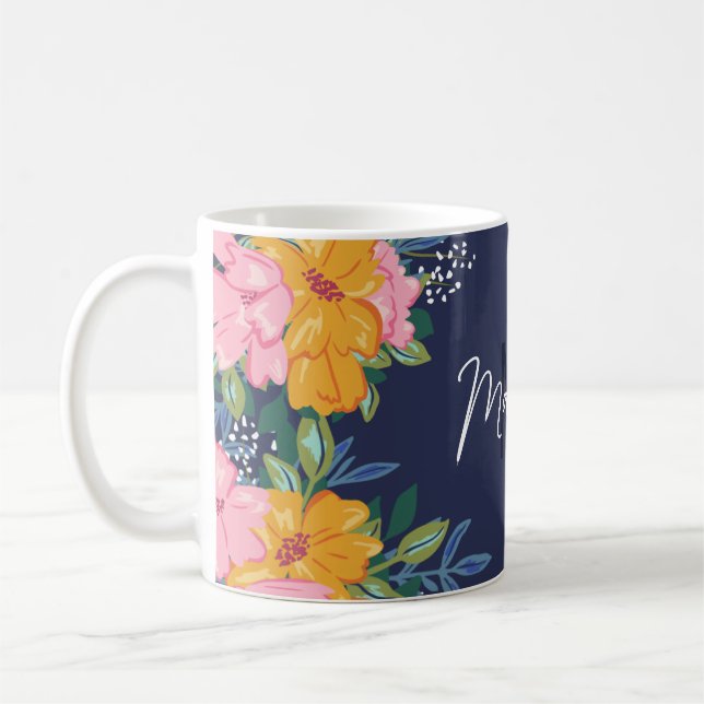 Modern Pink & Yellow Floral Arrangement Monogram Coffee Mug (Left)