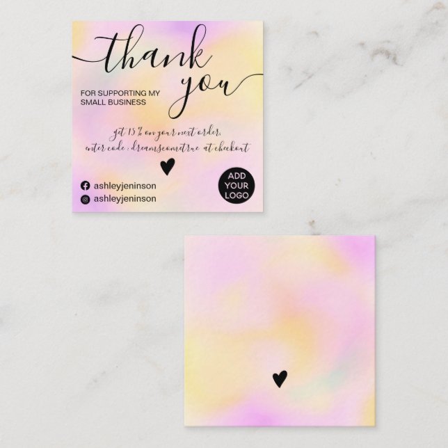 Modern pink yellow gradient order thank you square business card (Front/Back)