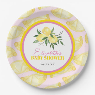 Modern Pink Yellow Lemon Print Paper Plates