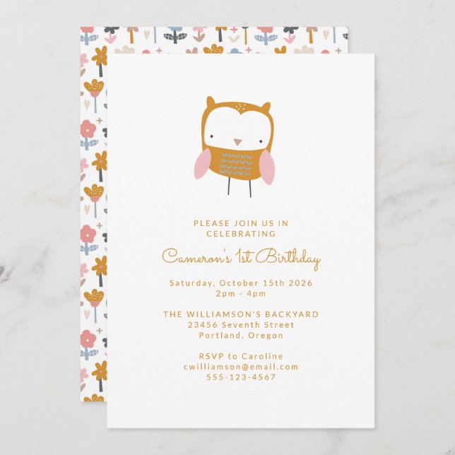Modern Pink Yellow Owl Flower Simple 1st Birthday  Invitation (Front/Back)