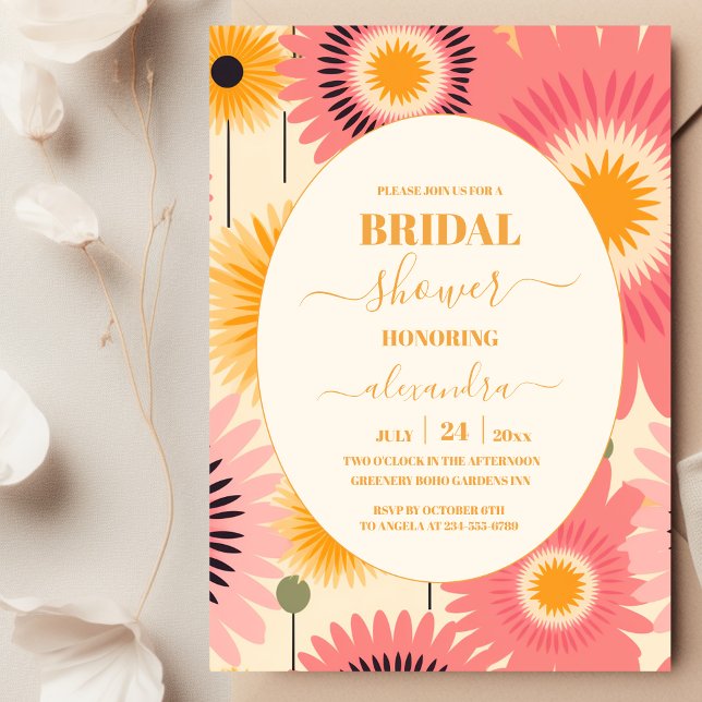 Modern Pink & Yellow Retro Floral Bridal Invitation (Creator Uploaded)