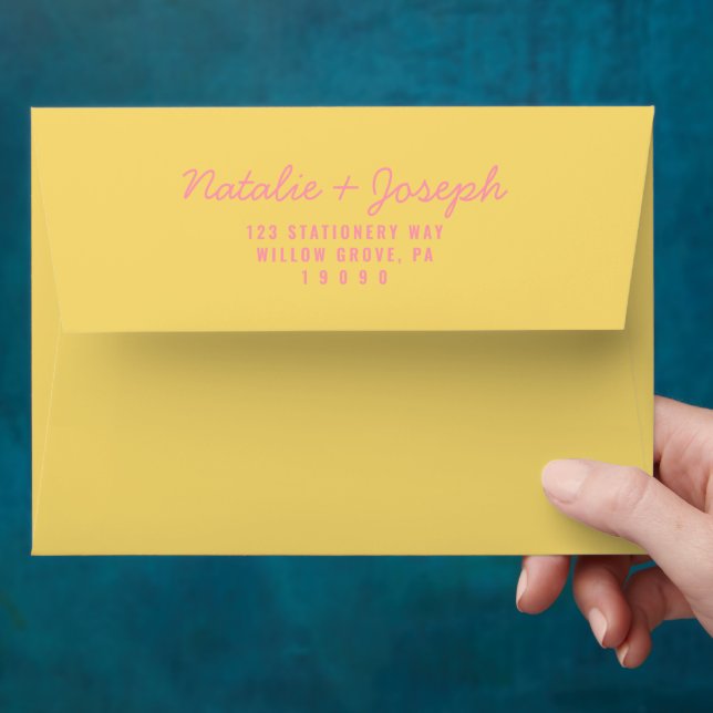 Modern Pink Yellow Summer Whimsical Wedding Envelope (Hand)