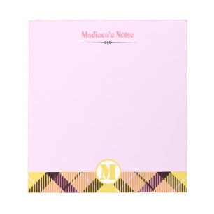 Modern Pink Yellow Tartan Monogram Script Name Notepad