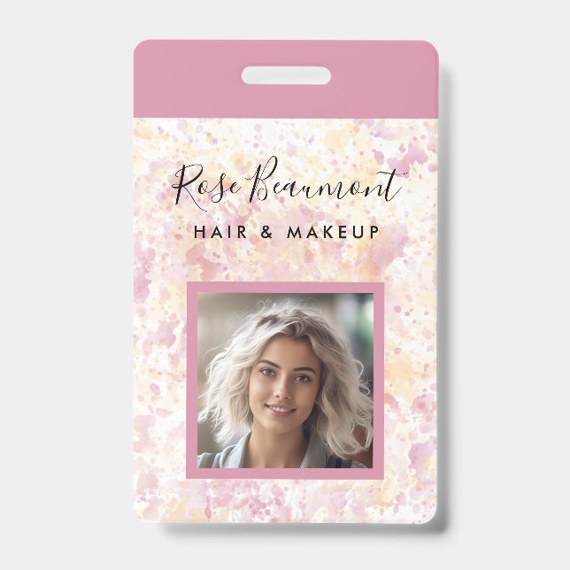 Modern Pink Yellow Watercolor Script Badge ID Badge (Front)