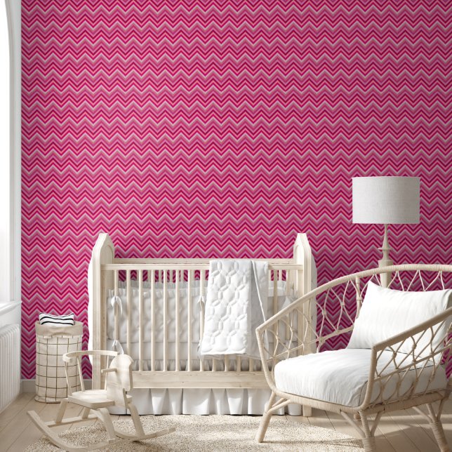 Modern Pink Zig Zag Striped Wallpaper (Kids)