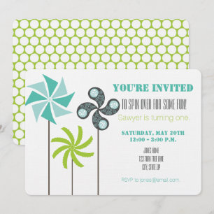 Modern Pinwheel Birthday Invite - Green Blue Grey 