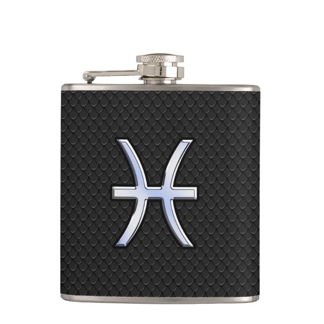 Modern Pisces Zodiac Sign Black Snake Skin style Hip Flask (Front)