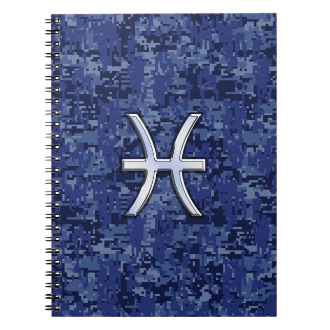 Modern Pisces Zodiac Sign Navy Blue Digital Camo Notebook (Front)