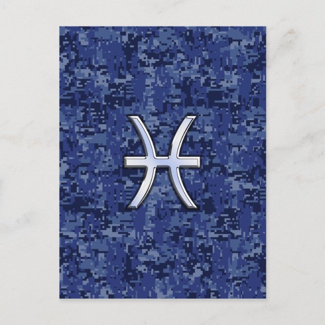 Modern Pisces Zodiac Sign Navy Blue Digital Camo Postcard (Front)