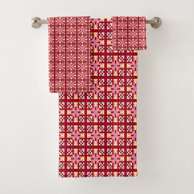 Modern Pixel Geometry Abstract Cross Art Pattern Bath Towel Set (Insitu)