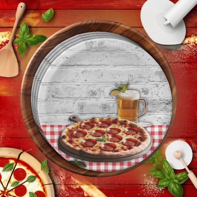Modern Pizza +Beer Bricks Baby Shower Paper Plate (Creator Uploaded)