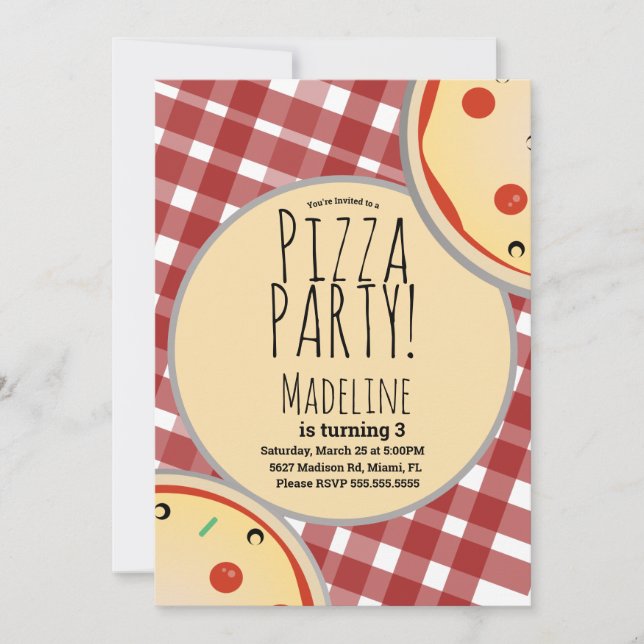 Modern Pizza Birthday Party Plaid Red Invitation (Front)