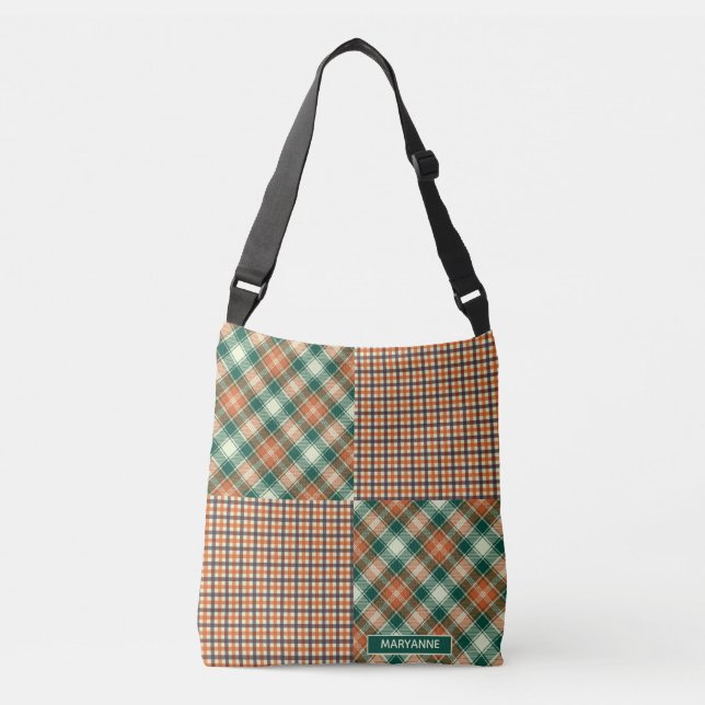 Modern Plaid and Checked Pattern Green Orange Crossbody Bag (Front)