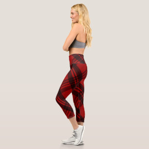 Modern Plaid Black and Red Capri Leggings