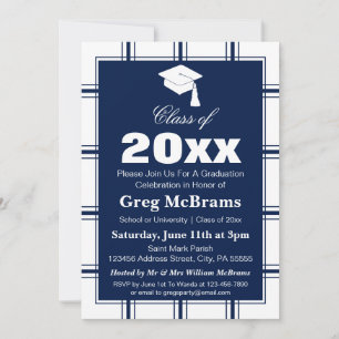 Modern Plaid Blue Plaid Graduation Party Invitation