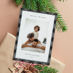 Modern Plaid Border Christmas Photo Foil Holiday Card<br><div class="desc">Share holiday greetings with these photo Christmas cards featuring your favorite photo set on a hand drawn buffalo plaid pattern in gray and black trimmed with silver foil. An editable message area lets you customize your holiday greeting in modern lettering. Add your family name or names beneath.</div>