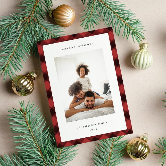 Modern Plaid Border Holiday Photo Card (Creator Uploaded)