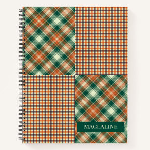Modern Plaid Checked Personalised Green Orange Notebook