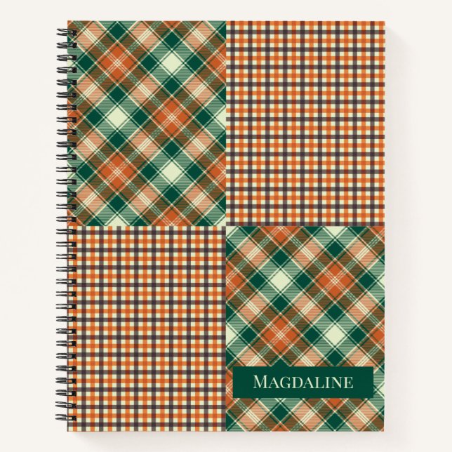 Modern Plaid Checked Personalised Green Orange Notebook (Front)
